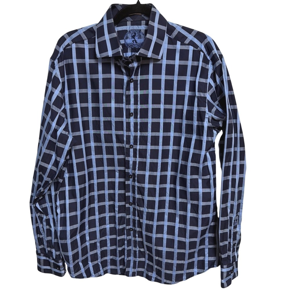 Bugatchi Uomo Mens Shaped Fit Navy Blue Light Blue Grid Check Cotton Shirt L